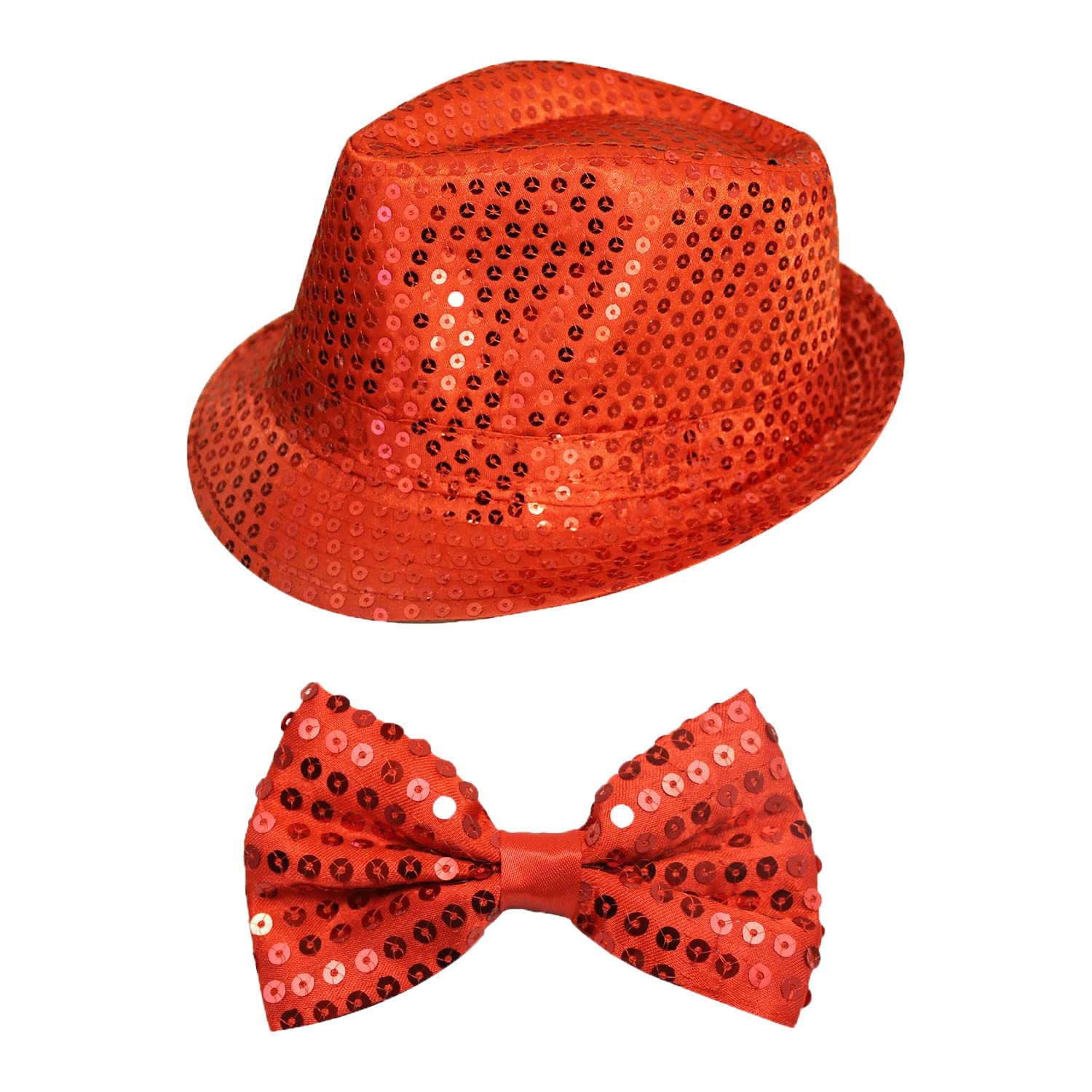 2 Piece Adults Hat & Bowtie Set - Red Sequin Fedora Hat & Bowtie - Perfect for Dance, Stage Shows & Fancy Dress Events