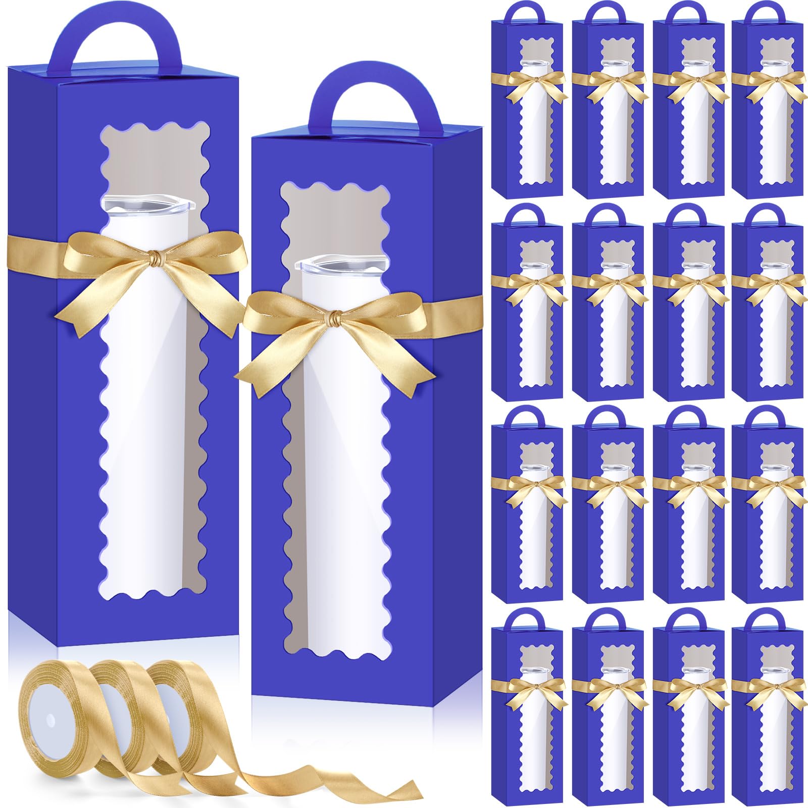 Windyun 100 Pcs Tall Tumbler Gift Boxes with Ribbons Bulk, Window Handle for 30oz 20oz 16oz 12oz Clear Wine Glass Jar Gift Box for Sublimation Packaging Wrapping Shipping 11 x 3.4 x 3.4'' (Royal Blue)
