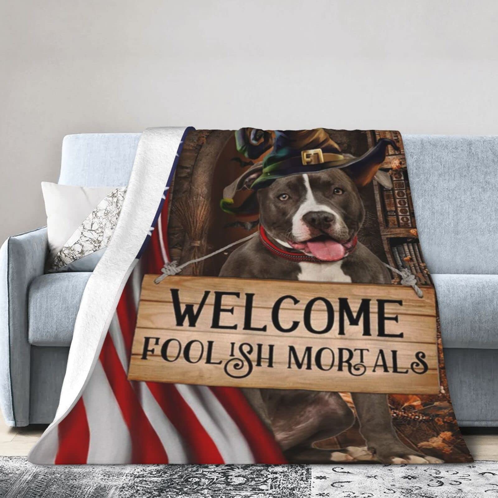 Lsjuee Christmas Flannel Fleece Blanket 80"X60" Pit Bull Welcome Foolish Mortals Bed Throw Blanket Weighted Ultra-Soft Travel Winter Blankets for Adult Keep Warm