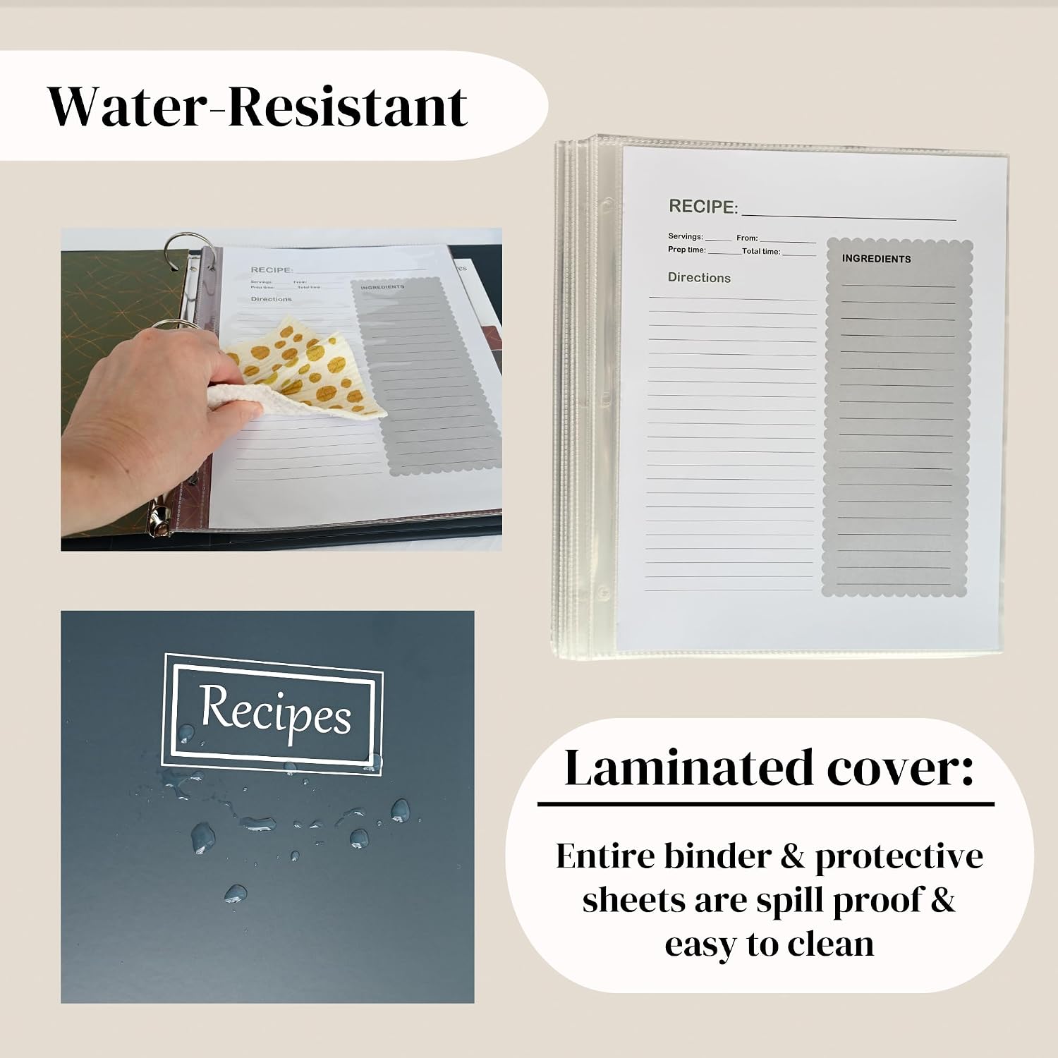 Recipe Binder with Plastic Sleeves, Custom Dividers, Labels. Water-Resistant Blank Recipe Binder 8.5x11 3 Ring Full Page Cookbook Organizer (Navy Blue)