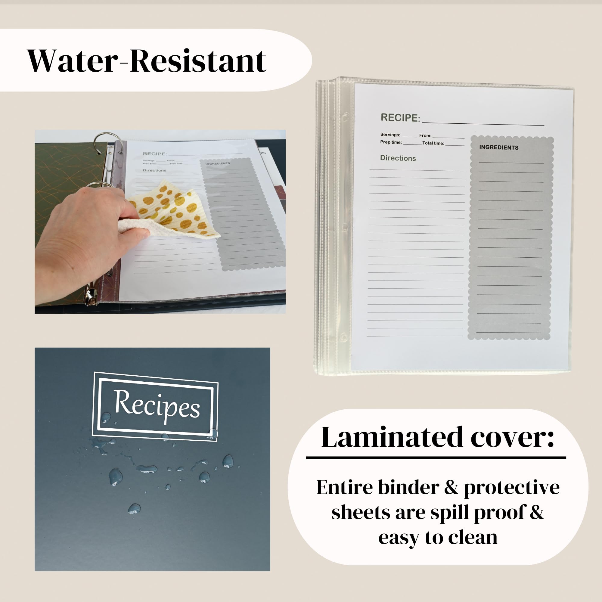 Raccoglitore per ricette con maniche in plastica, divisori personalizzati, etichette, raccoglitore per ricette vuoto, resistente all'acqua, 22 x 28 cm, organizer per libri di cucina a pagina intera a