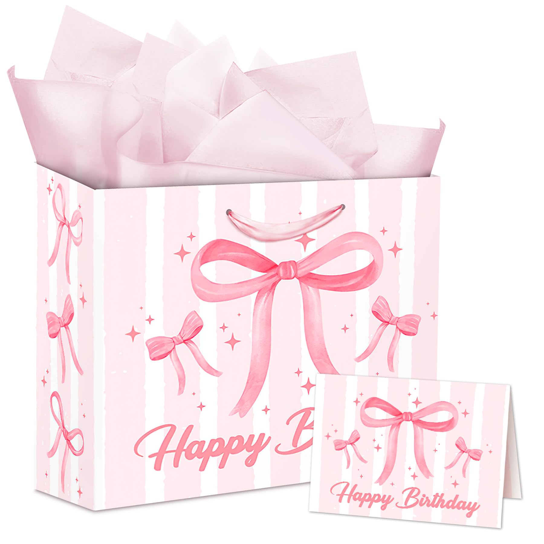 RAORAOYUE Pink Bow Birthday Gift Bag with Tissue Paper and Card, Large Pink Bow Gift Bags with Handles, Present Bags for Wedding Party Mothers Day
