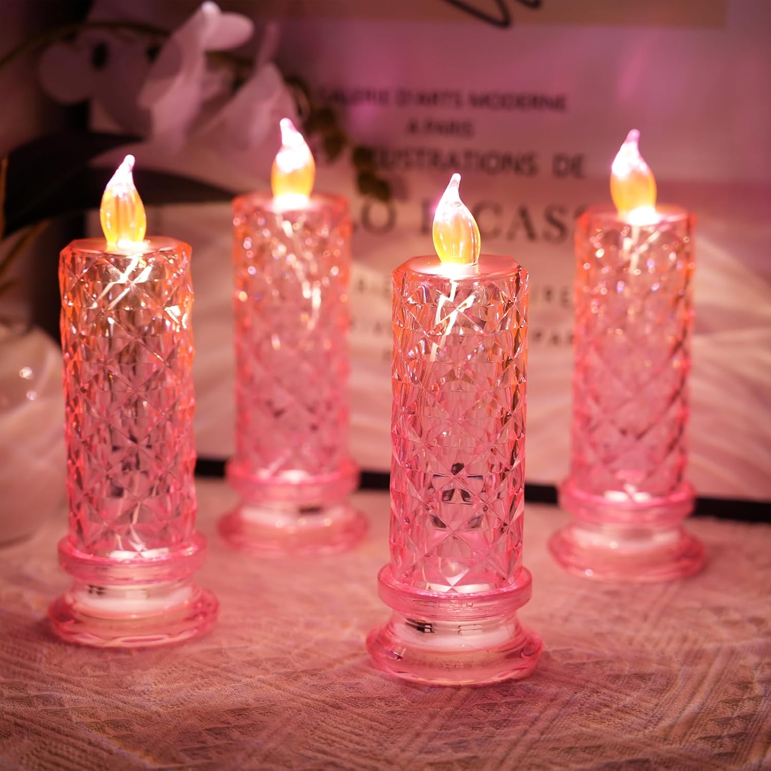 Rose Shadow LED Flameless Candles, 4PCS Romantic Battery Operated Candles Led Pillar Candles for Valentines Romantic Propose Anniversary Wedding Decorations(Pink, D 2.5 x H 7.2)