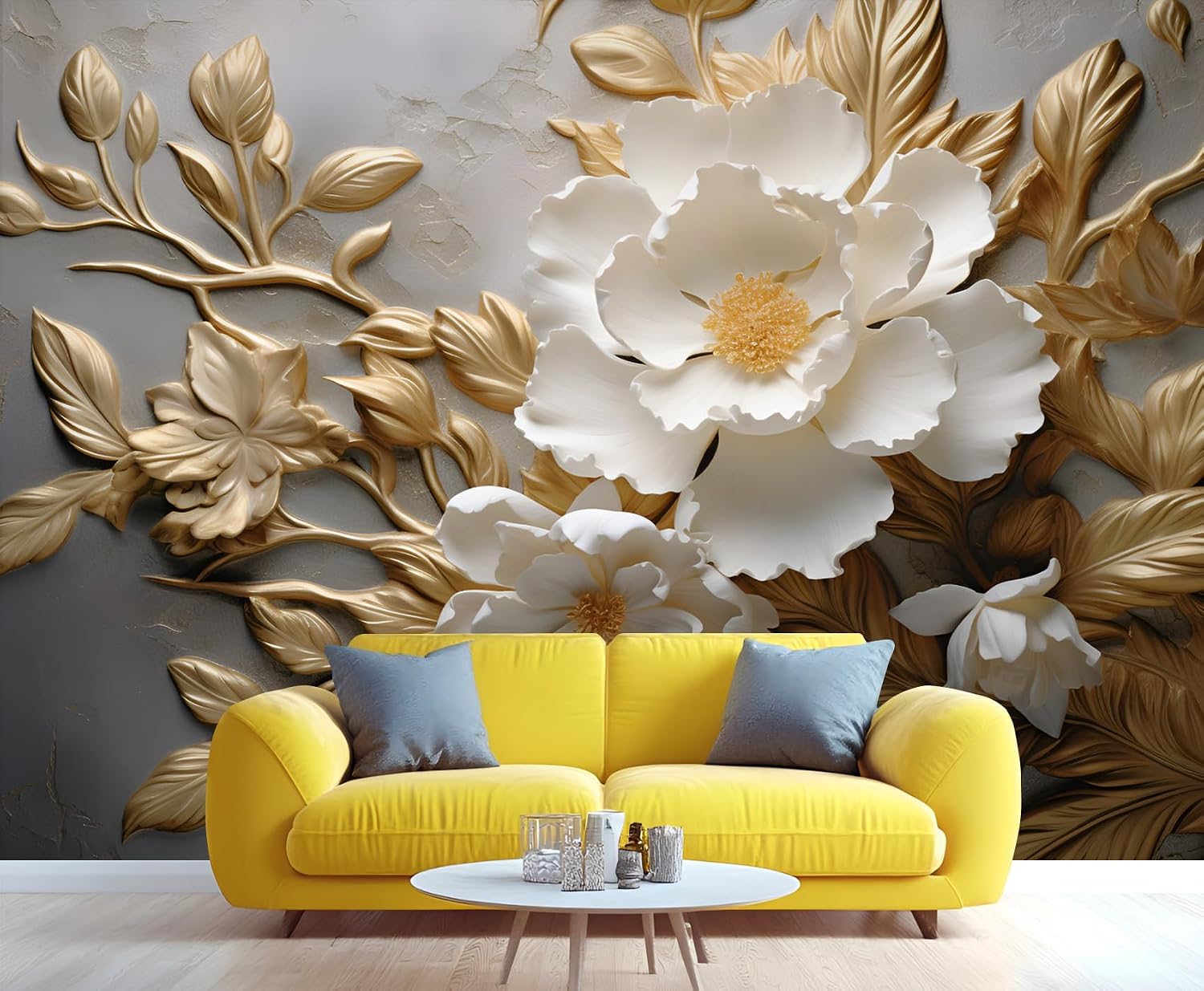 Relief Stereo White Peony Flowers Wall Murals, Luxury Golden Leaves Mural Wallpaper, Nordic Modern Luxury Decor Mural for Walls, Wallpaper for Girls Kids Bedroom Decoration 138" W x 100" H