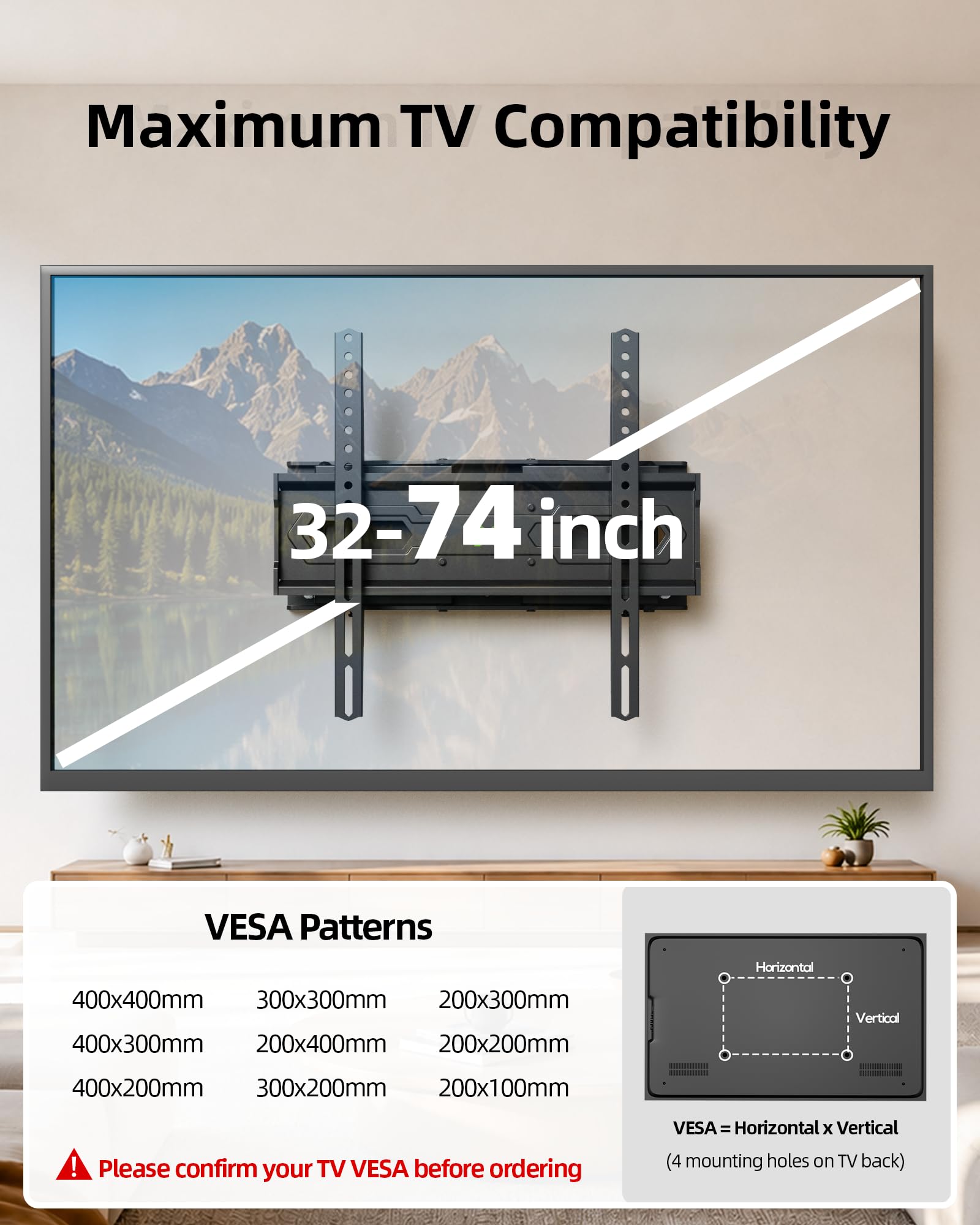 USX MOUNT TV Wall Mount for 32-74 inch Flat Screen/LED/4K up to 110lbs, Full Motion TV Mount Bracket with Swivel & Tilt Articulating Dual Arms, Max VESA 400x400mm, Fits 12/16" Wood Studs — Amazon image 2