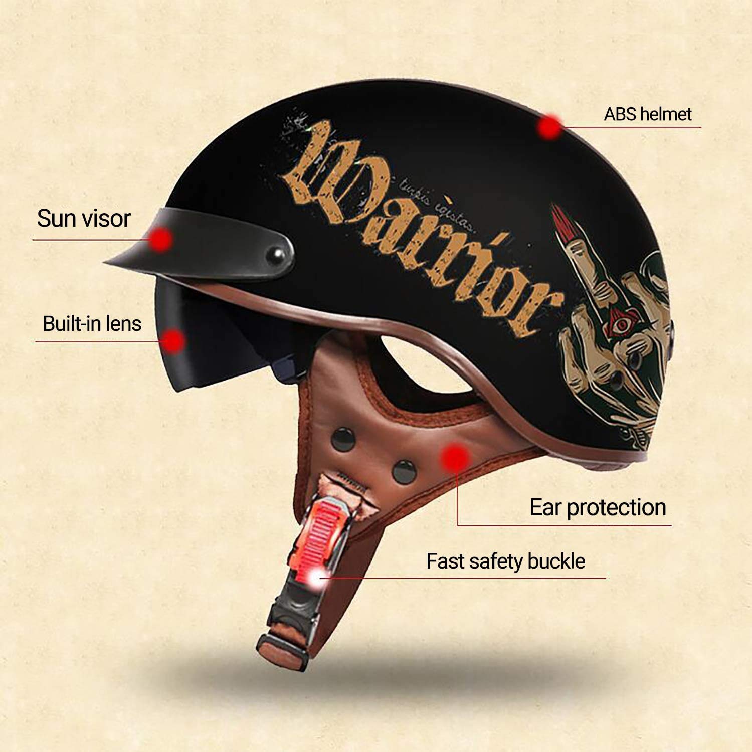 Motorfiets Retro Open Helm Half Helm, ECE Goedgekeurd, Unisex-Volwassen Motorhelm voor Bike Cruiser Chopper Bromfiets Scooter (57-63cm