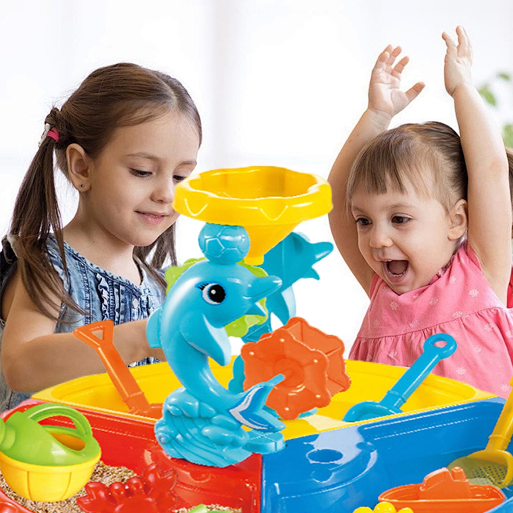Mesa freática 1 Juego de Mesa de Arena Colorida con Lindo delfín ABS sensorial Interactivo Desarrollo Entre Padres e Hijos Agua y Arena para Interior al Aire Libre Playa Redonda
