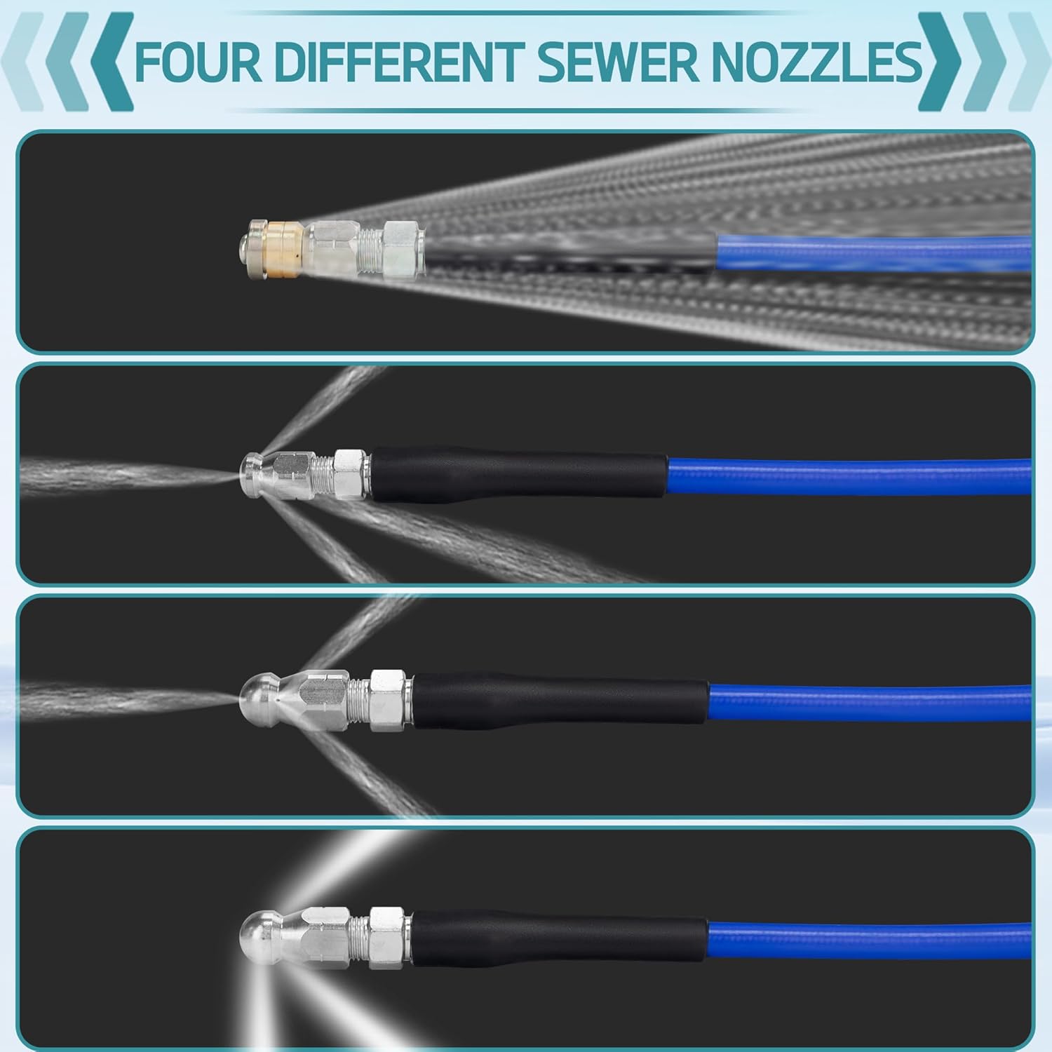50 Ft Flexible Sewer Jetter Kit for Pressure Washer, 5800psi Drain Cleaner Hose with 1/4 Inch Npt Corner Rotating and 4 Button Nose Sewer Jetting Nozzle Spanner Watertight Tape Pearl Corsage Pin