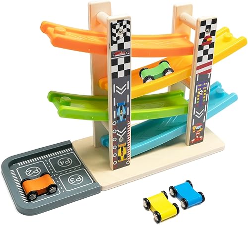 Wood City Set de Juguetes de Rampa y Carrera de Coches de Madera con 4 Coches en Miniatura y Pistas de Carrera, Juguetes para Niños de 1, 2, 3 Años