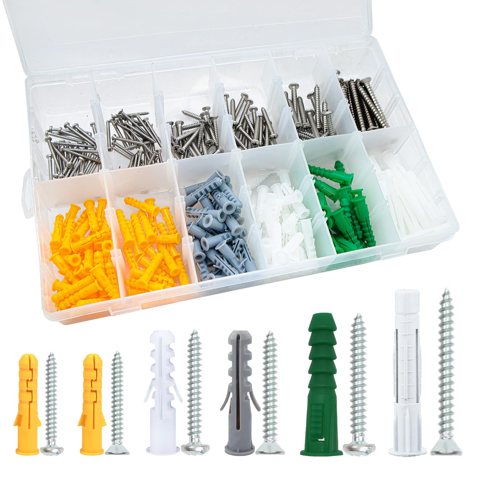 HDXER Drywall Anchors and Screws Assortment Kit 280PCS, Plastic Screw Anchors and Philips Flat&Pan Head Screws with 5 Different Sizes Ribbed Anchors for Wall Hanging and Mounting