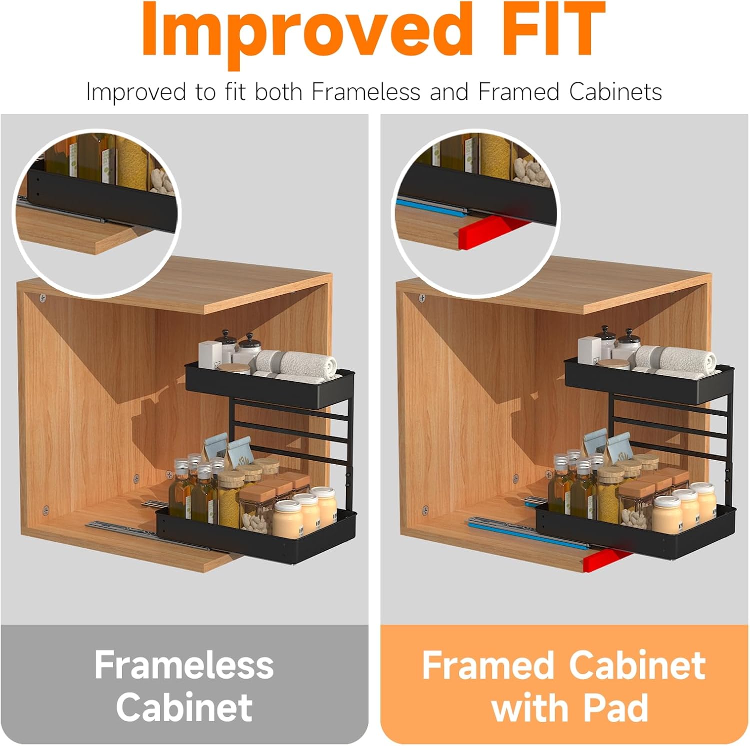 EVERIE Height Adjustable 2 Tier Metal Pull Out Slide Shelf Organizer for Under Sink Cabinets in Kitchen, Bathroom, with Snap-on Top Tray, 16" Deep (Black, 2 Sets) | Pull Out, Slide Shelf - Image 4