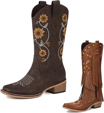 Cowboy Boots for Women - Square Toe Mid Calf Western Sunflower Cowgirl Boot with Floral Embroidery, Pointed Toe Fringe Knee High Cowgirl Boots with Classic Embroidery