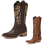 Cowboy Boots for Women - Square Toe Mid Calf Western Sunflower Cowgirl Boot with Floral Embroidery, Pointed Toe Fringe Knee High Cowgirl Boots with Classic Embroidery