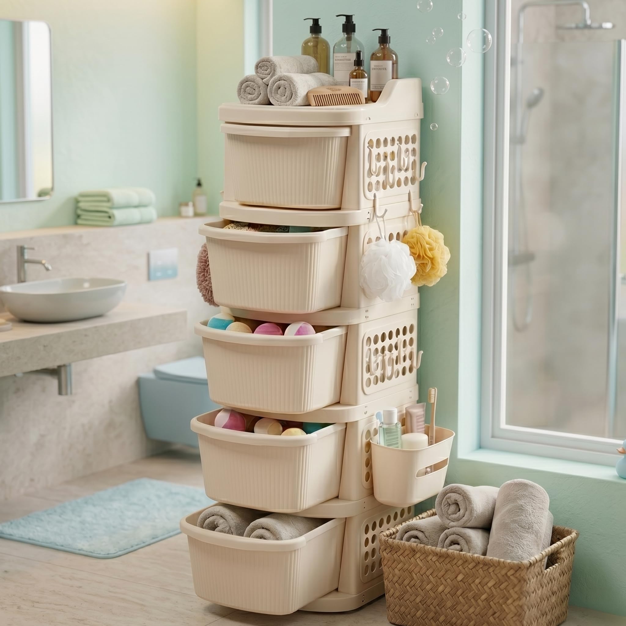 TEX-RO 5 Layer Plastic Drawer Cabinet with Wheels & Side Hooks | Stackable Storage Trolley Organiser for Kitchen, Bedroom, Bathroom,Kids | Multipurpose Drawers Organisers Rack with Basket - Ivory