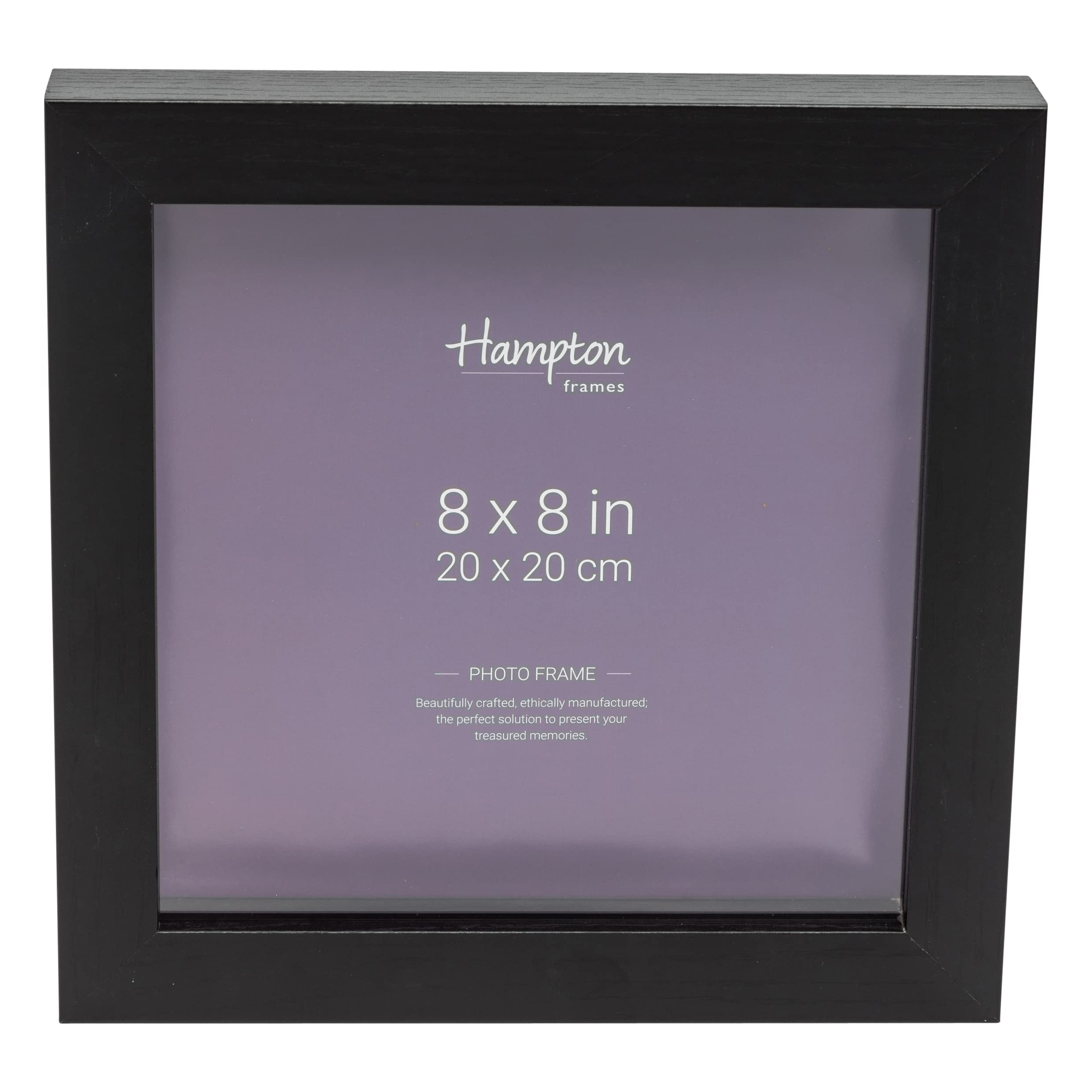 Hampton Frames | Photo Frame | 8x8 (20x20cm), Black, Square | Deep Profile MDF, Acrylic Aperture, Rear Loading | Freestanding or Wall Mount, Home Display