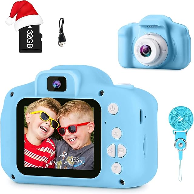 GKTZ Kids Camera, Children Digital Selfie Camera with 12MP Video Camcorder Toys for Toddler, Birthday Gifts for 3 10 Year Old Boys and Girls with 32GB SD Card - Blue