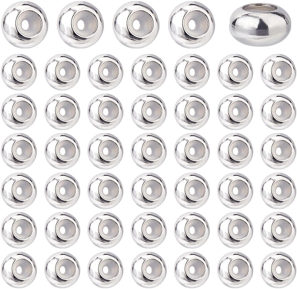 DICOSMETIC 50Pcs Stainless Steel Slider Beads Metal Stopper Beads 6mm Adjustable Bead Rondelle Spacer Bead with Rubber Inside for Bracelets Jewelry Making, Hole: 1.2mm