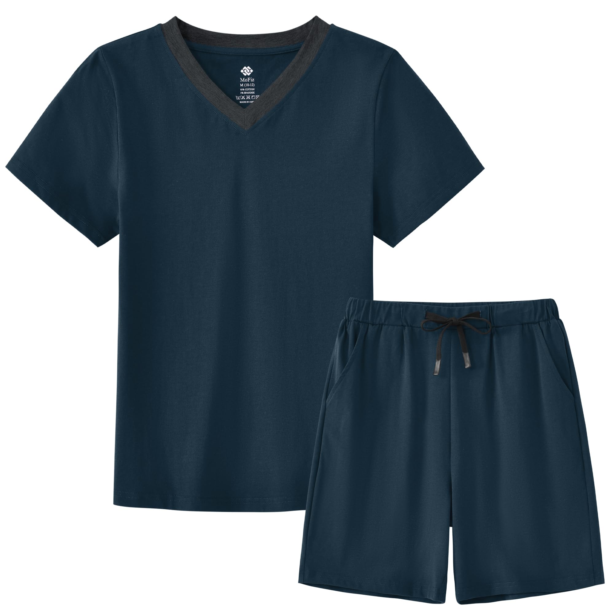 MoFiz - Pijama de niño de algodón con conjuntos de pijama corto, ropa de dormir con cuello en V, manga corta, pijama y pantalones cortos, 128 cm a 176 cm - 1