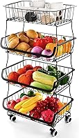 Vista 7 de Miyawell Cesta de almacenamiento de frutas y verduras para cocina, cesta apilable de alambre de metal de 6 niveles con ruedas rodantes, estante