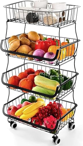 Miniatura 7 de Miyawell Cesta de almacenamiento de frutas y verduras para cocina - Carrito de cestas apilables de alambre de metal de 4 niveles con ruedas Bronce
