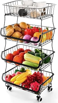Fruit Vegetable Storage Basket Rack, 4 Tier Stackable Metal Wire Storage Baskets on Wheels, Fruit Vegetable Produce Basket Organizer Bins for Kitchen, Pantry, Bathroom Black