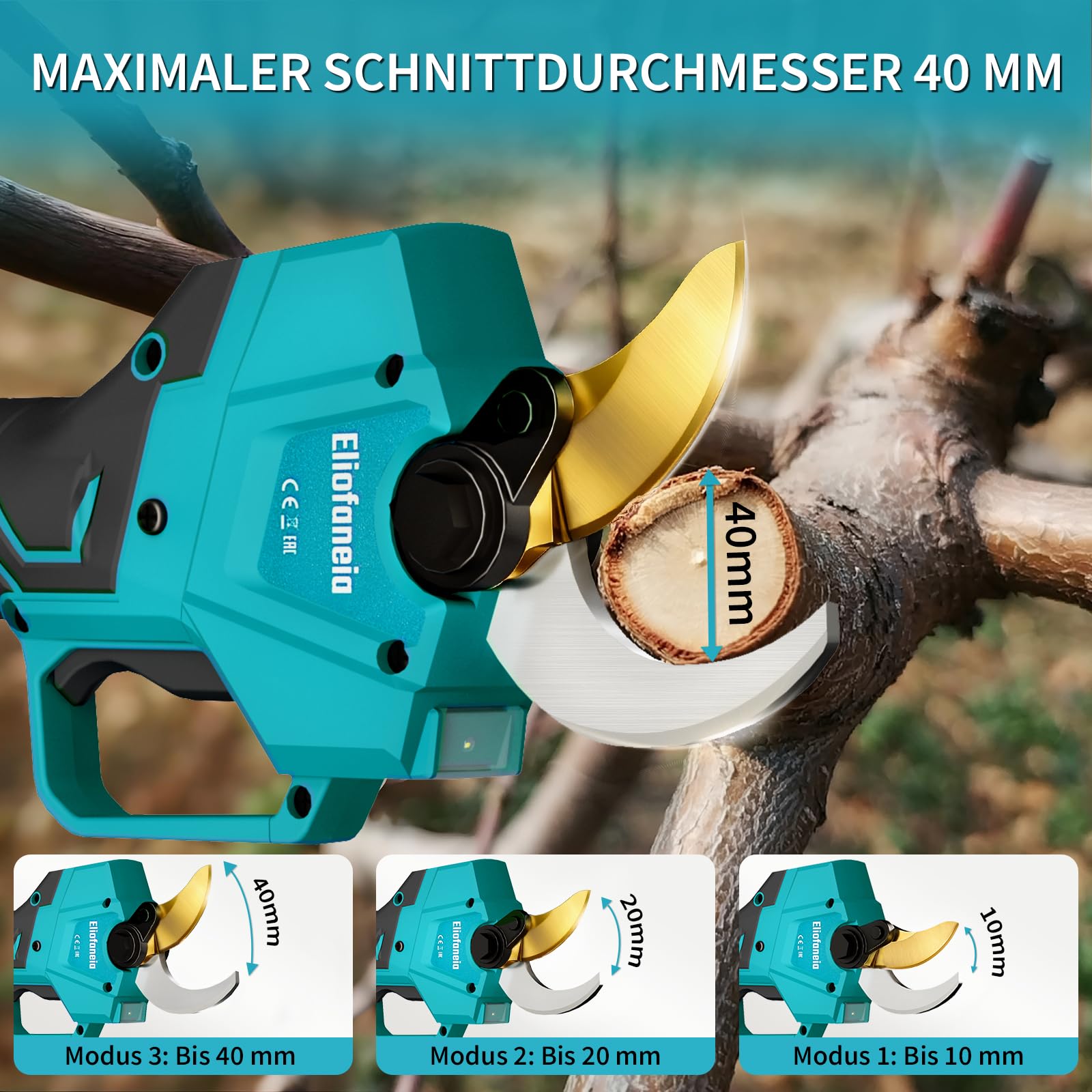 Akku-Astschere,Elektrische Gartenschere,bis 40mm Aststärke,mit 2 x 4000 mAh Akkus,1000W bürstenloser Motor,Sicherheitsschalter,LCD-Display,Ladegerät,8 Stunden Dauerbetrieb