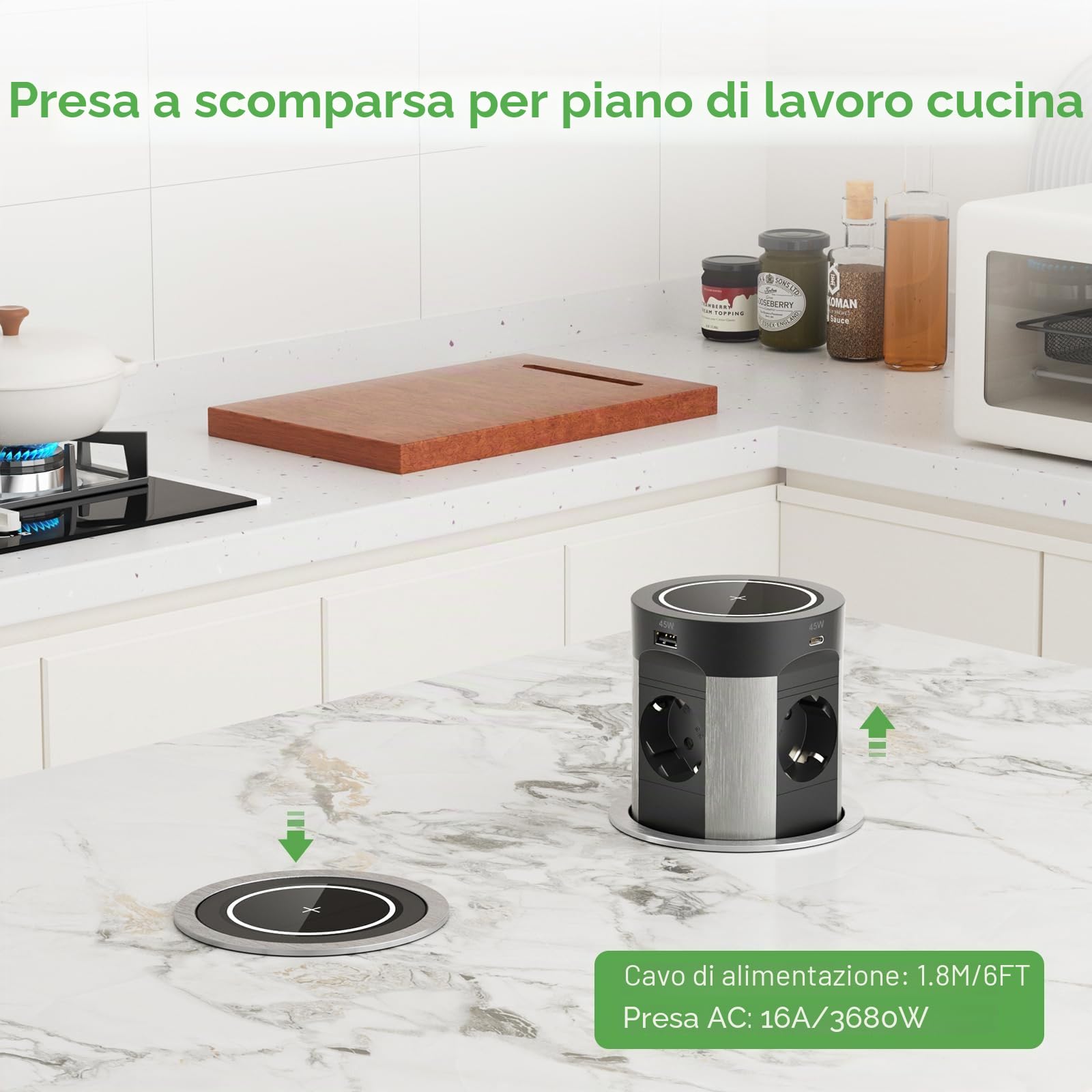 Presa a scomparsa con USB C PD 75W, presa da incasso con caricabatterie wireless da 15W, presa da tavolo a 4 prese a scomparsa per piano di lavoro in cucina, cavo da 1,8 m, Nero