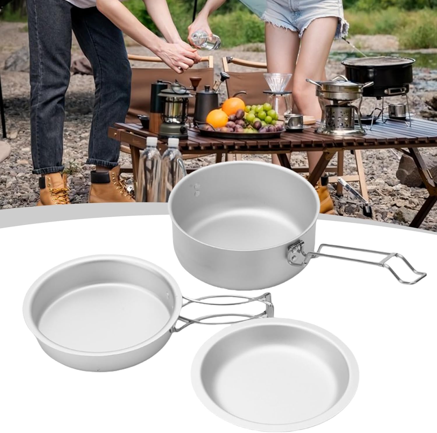 Camping Cook Pots with Folding Handle Outdoor Cooking Pots Frypan Bowl Utensils Camping Cookware Easy to