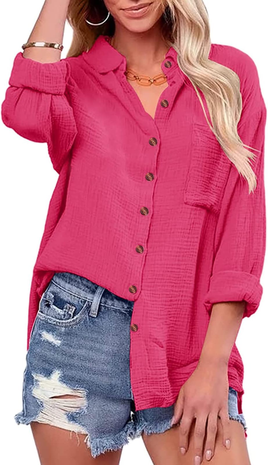 Women Button Down Shirts V Neck Long Sleeve Blouse Cotton Linen Casual Loose Fit Boyfriend Tops with Bust Pocket