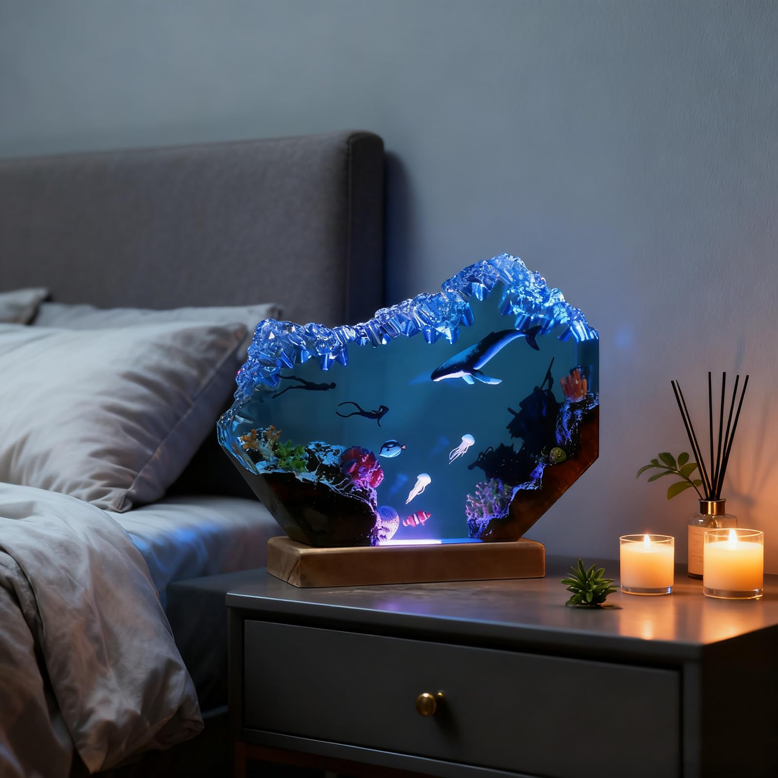 Drawelry Epoxy Resin Ocean Lamp,LED Night Light,Handmade Bedside Table Lamp,Resin Wood Bedside Ocean Light Lamp,Nightstand Decorations Suitable for Holidays (Whale) — image 1