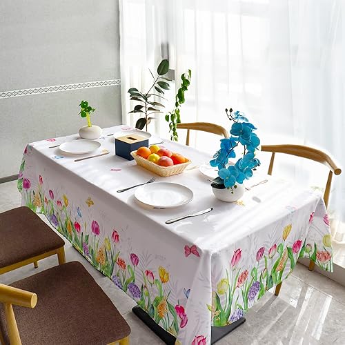 Miniatura 3 de Tupmnbry Mantel rectangular de primavera impermeable con borde botánico floral, resistente a las manchas y a las arrugas, mantel de primavera para