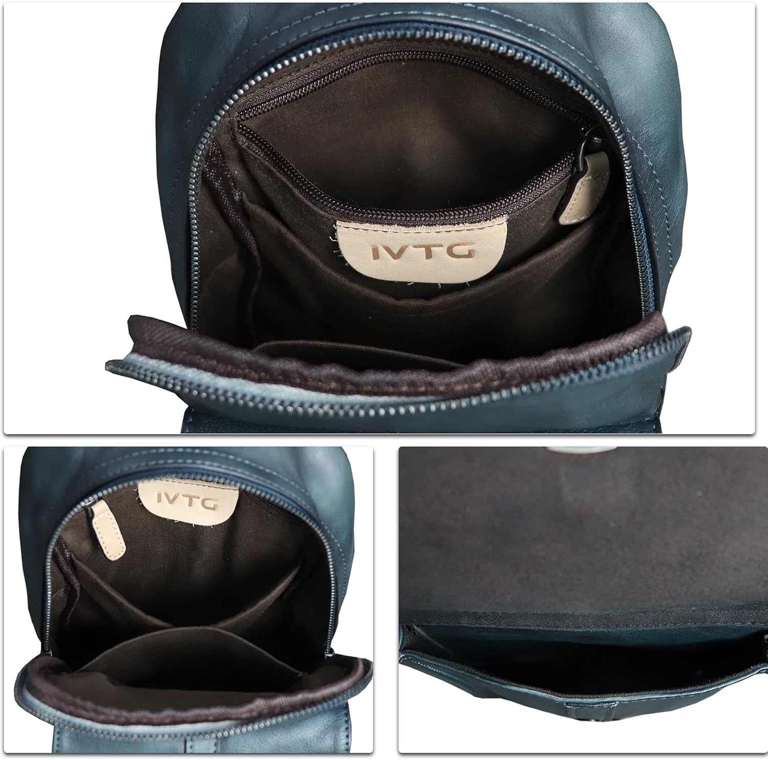 IVTG Genuine Leather Sling Bag Casual Shoulder Hiking Backpack Vintage Handmade Crossbody Bag Retro Chest Daypack (NavyBlue)