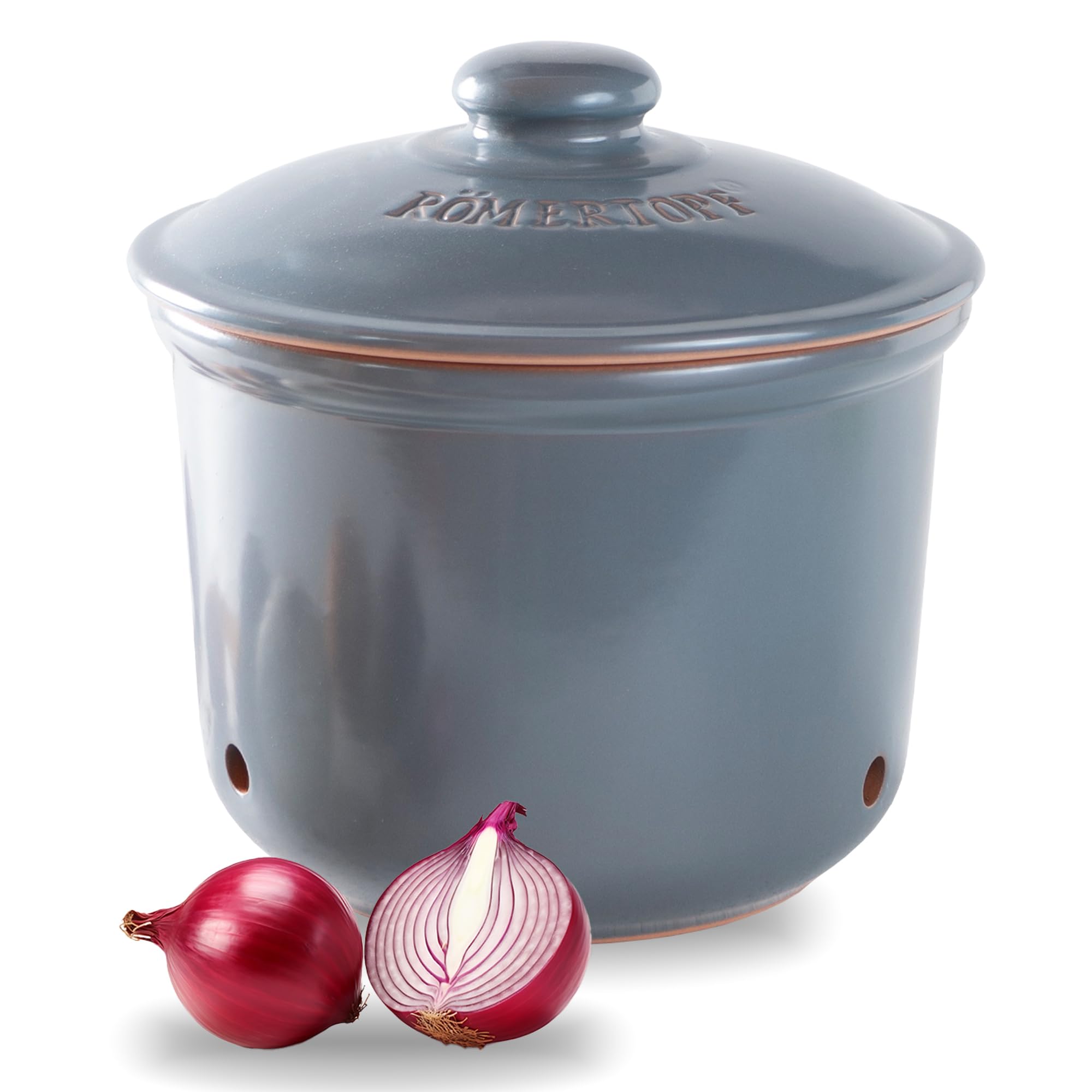 Romertopf Onion Storage Pot with Lid – Ventilated Clay Container, Keeps Onions Fresh, Blue-gray