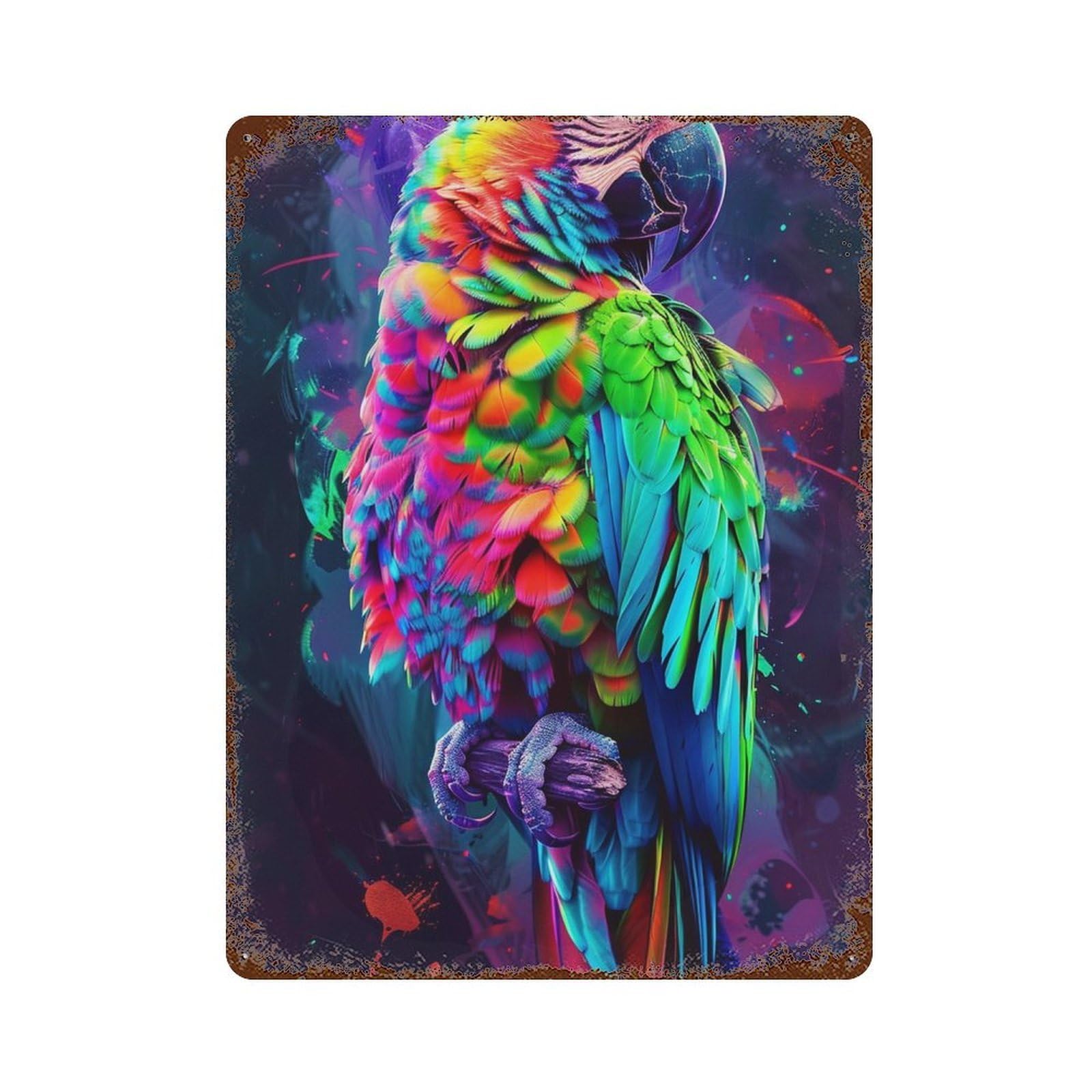 Colorful Parrot Artwork-1 Vintage Wall Sign 15.7"x11.8", Rust Effect Metal Decor for Shed, Workshop And Garage Wall Decor