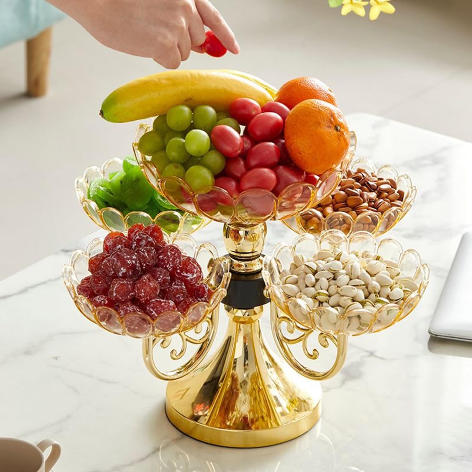 Piatto da portata rotante salvaspazio a 5 strati per frutta, noci, caramelle, organizer ideale per decorare il soggiorno