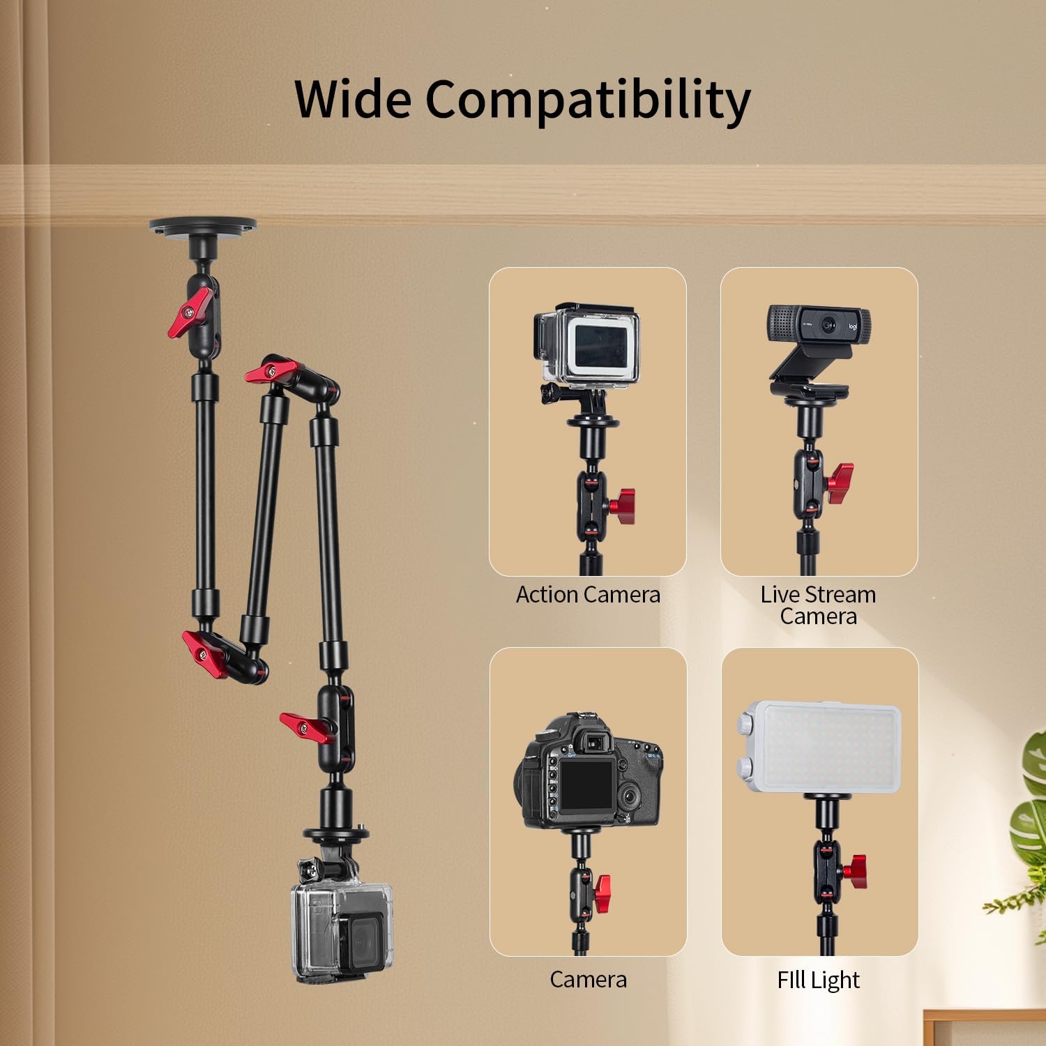 Wall Mounted Phone Holder Magic Arm 360° Rotation Adjustable Metal Base Screw in Wall Sturdy for Kitchen Bedroom Home 32 Inch ABS Phone Clip