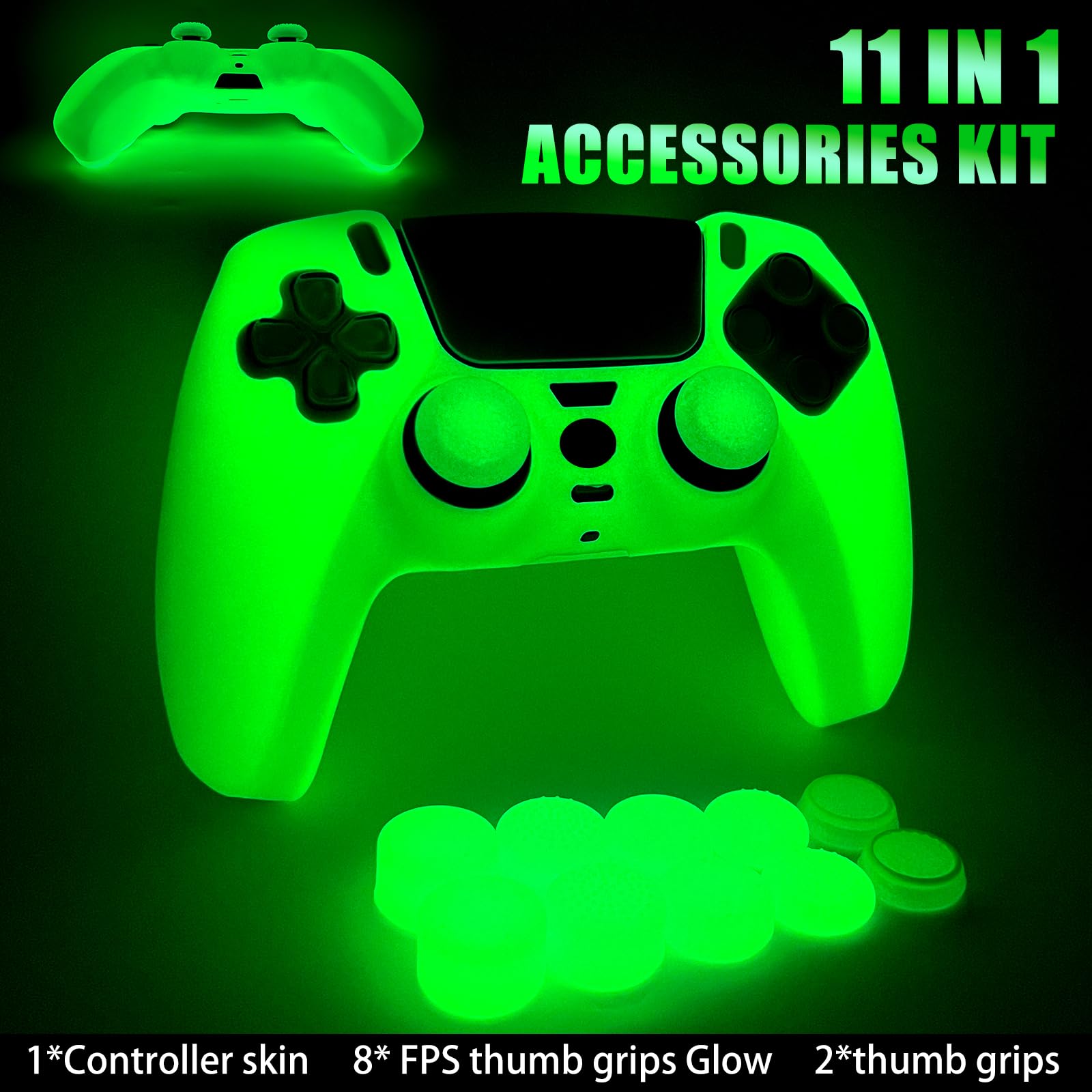 PS5 Controller Skins Silicone Grip Glow in The Dark Housse de Protection pour Manette PS5 + 8 FPS Pro Thumb Grips + 2 Pcs Caps.