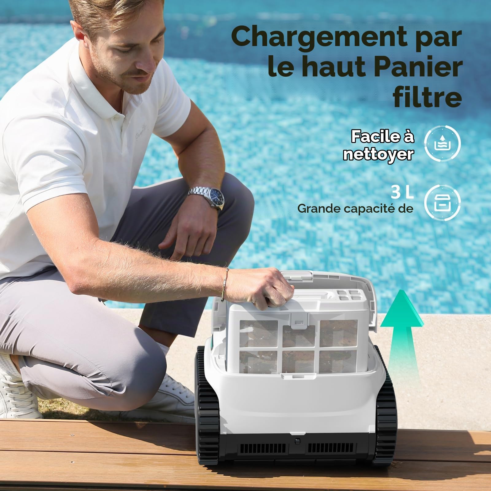 WYBOT C2 Vision AI caméra Robot Piscine sans Fil avec Batterie, Robot de Piscine Sol et Mur, Filtration à Deux Couches, Aspiration puissante, pour piscines enterrées jusqu'à 180㎡(Blanc-Vert)
