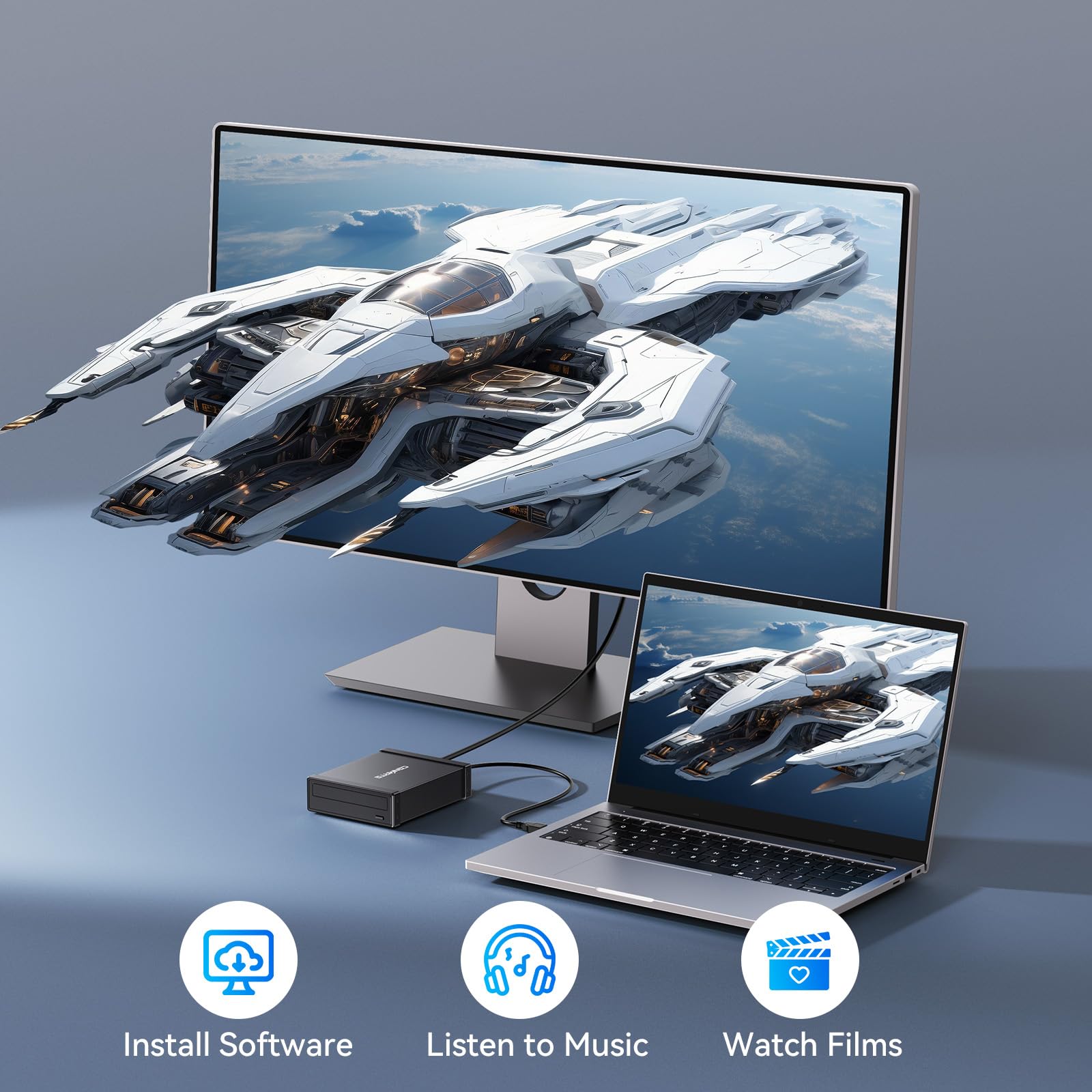 cenmate Optisches Laufwerksgehäuse für 5,25-Zoll-Blu-Ray/CD/DVD-SATA-Laufwerk, externes Aluminiumgehäuse mit USB-A/C-3.0-Kabel, Hot-Swap-fähig (KEIN Laufwerk, Keine IDE-Unterstützung)