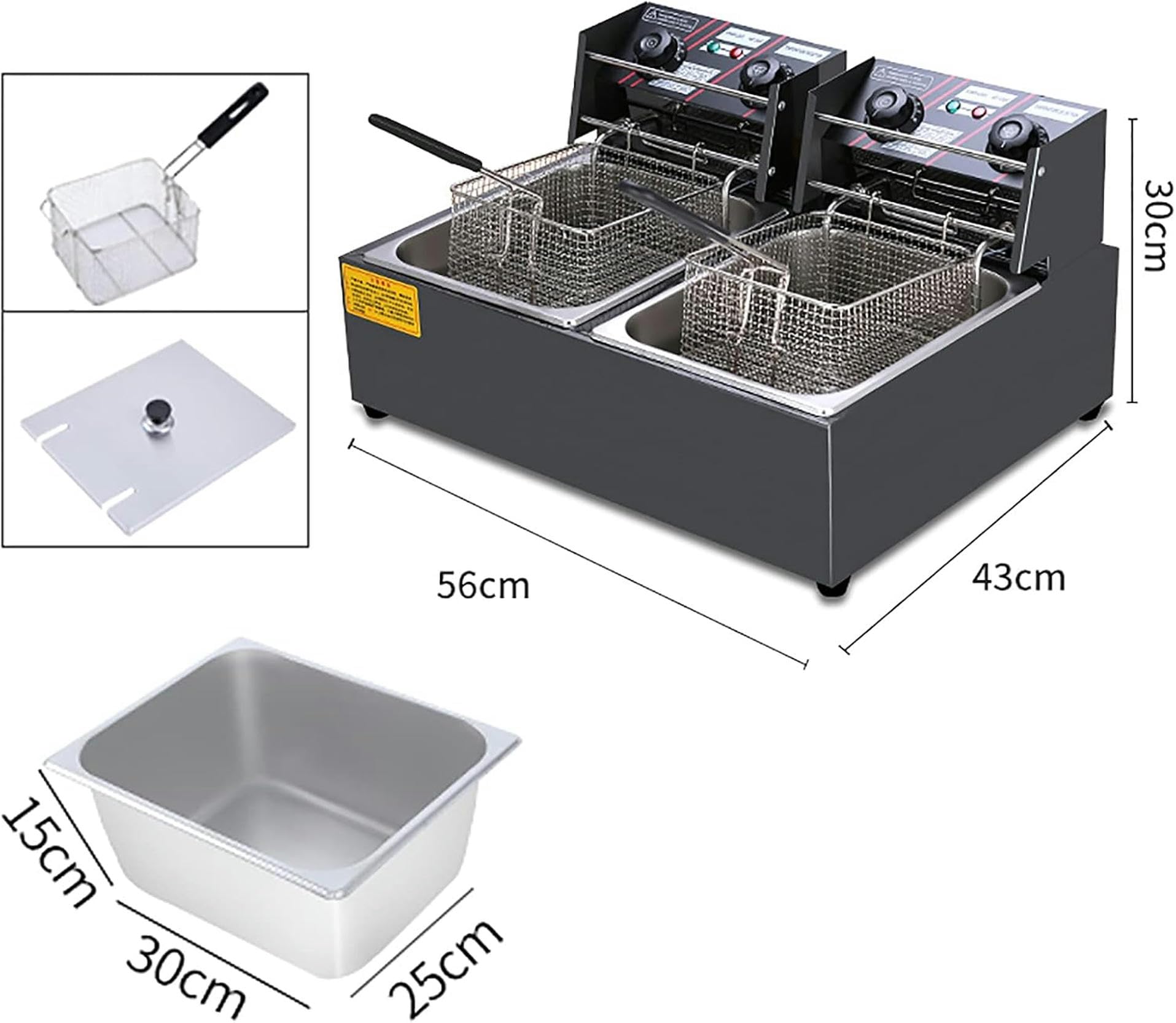 Friggitrice Elettrica Professionale da Banco in Acciaio Inox a Vasca Singola con Coperchio E Cestello 2500 W Temperatura E Timer Regolabili, per Uso Commerciale E Domestico