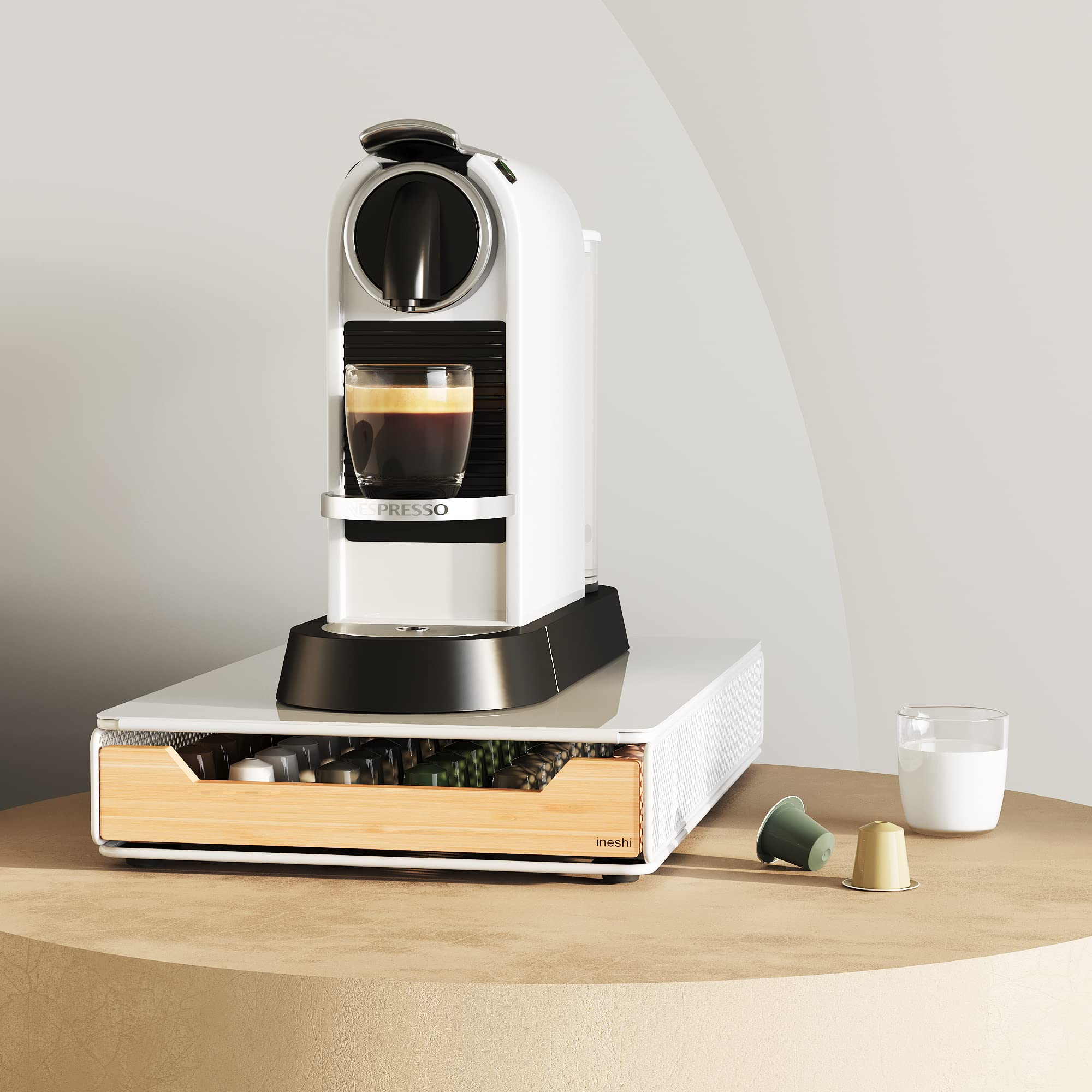 ineshi Bamboo PodStashâ„¢ - Coffee Pod Storage Drawer/Holder/Compatible with Nespresso Pods, 60 capacity (White)