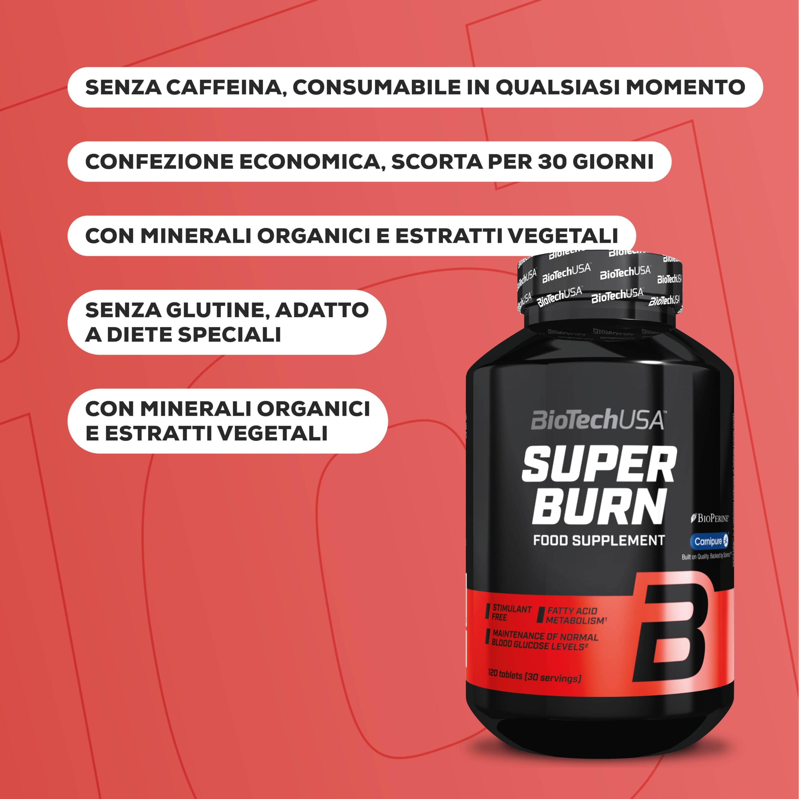 BioTechUSA Super Burn | con Carnipure® L-carnitina, colina e BioPerine® | per il controllo del peso e il supporto del metabolismo | Senza caffeina | Senza glutine, 120 compresse