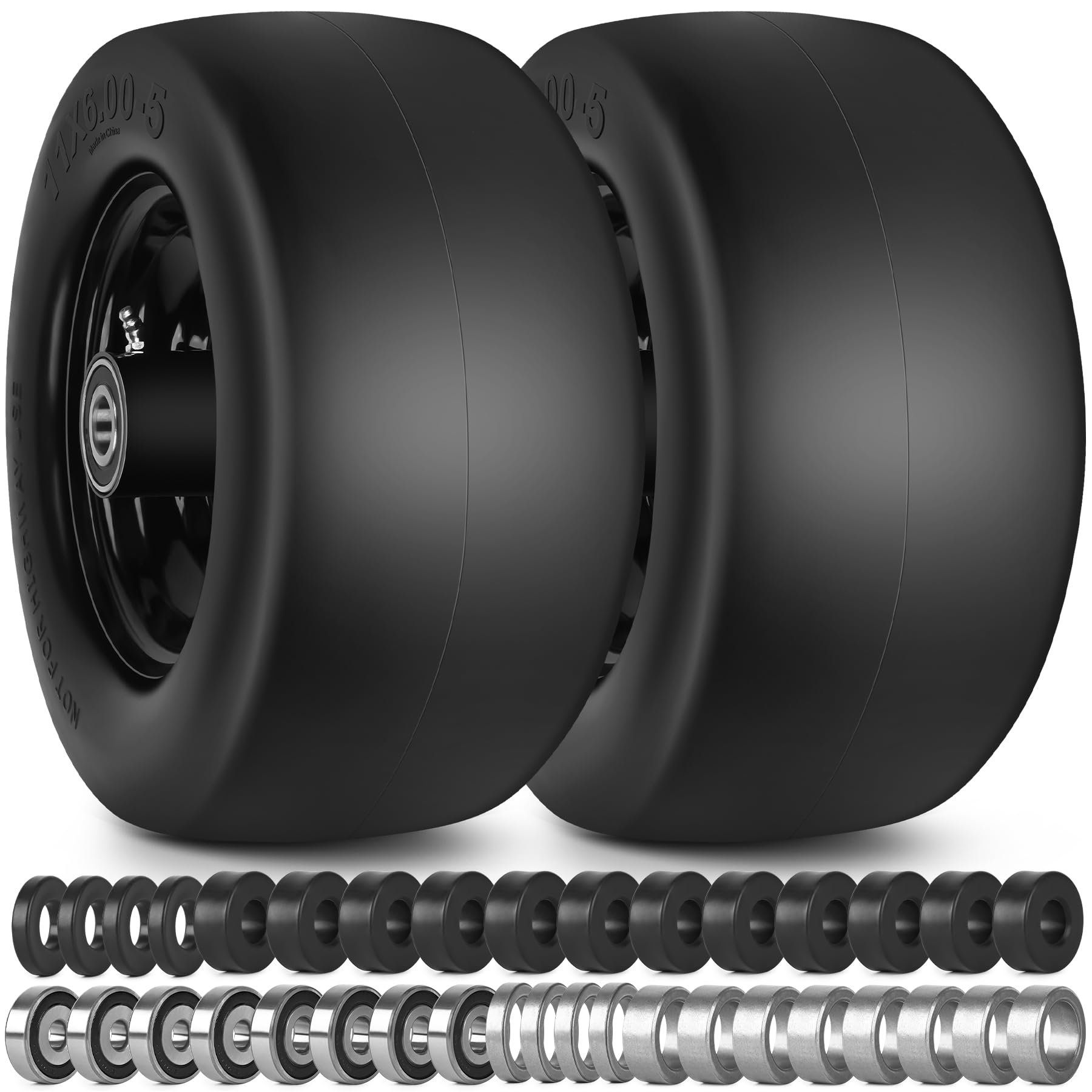 11x6.00-5 Flat Free Lawn Mower Tires and Wheels 3/4" 5/8" 1/2" Ball Bearings, 6"-8" Centered Hub 11x6-5 Zero Turn Mower Front Tires, Smooth Wheels for Commercial Grade Lawn