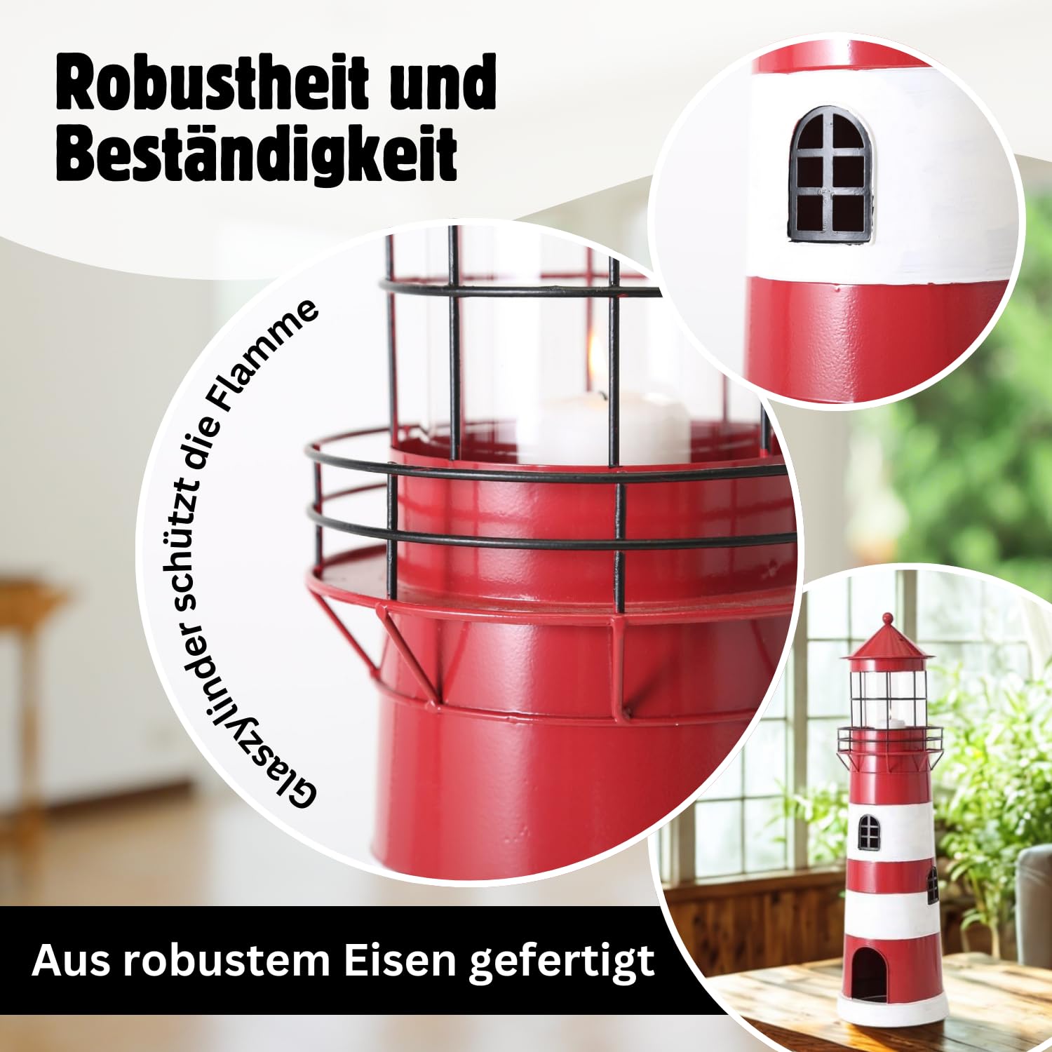 Seaside No.64 - Leuchtturm farbige Streifen - maritimes Windlicht aus Eisen, lackiert - mit Glaszylinder, Zwei Größen - Laterne, Aussichtsturm, Kerzenhalter, Wachturm, Leuchtfeuer (rot/weiß, groß)