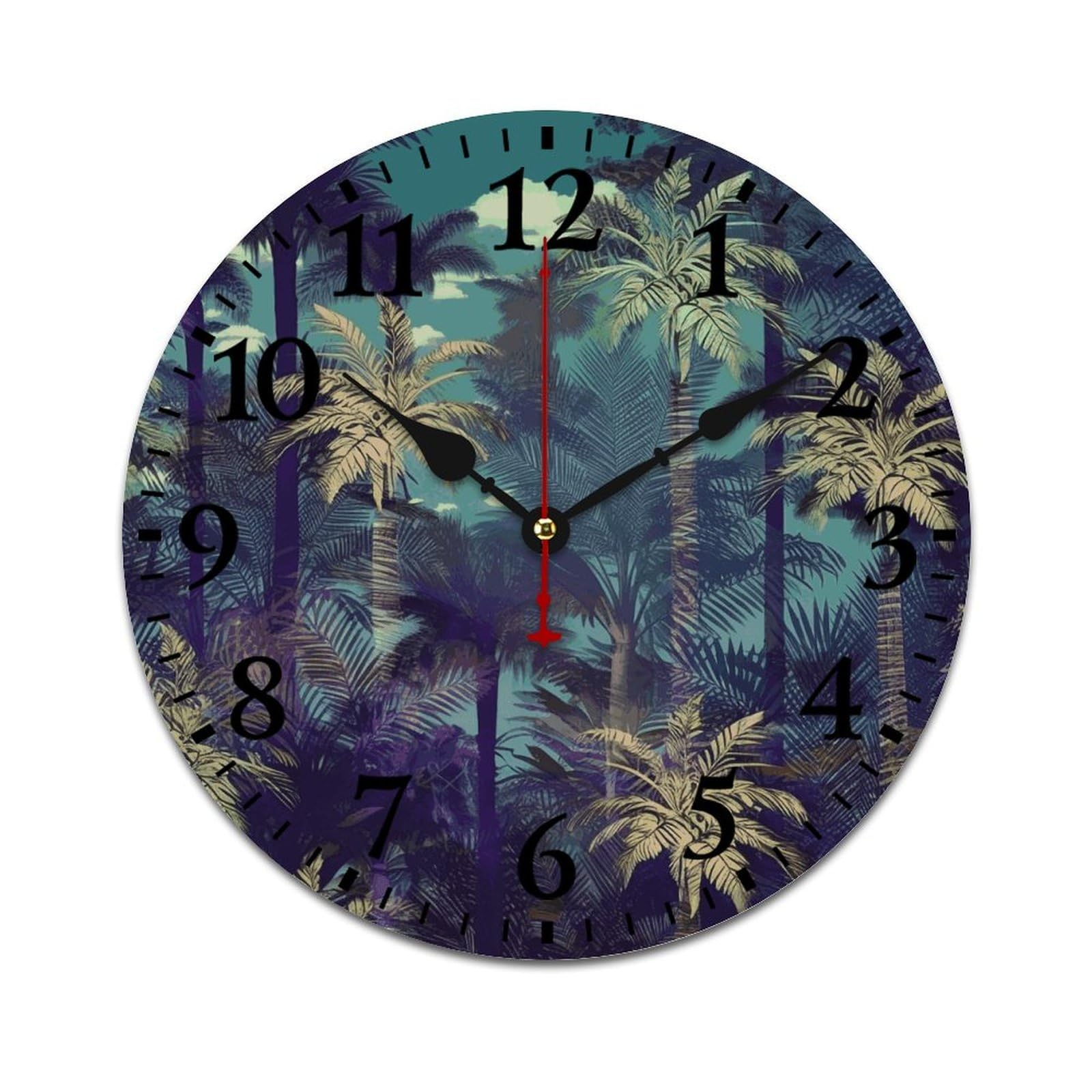 NTVOWPZO 10 Inch Wall Clock Wooden Fantasy Palm Tree Jungle Battery Operated Wall Clocks Silent Non-Ticking Square Wall Clock for Living Room Kitchen Home Office Wall Decorative Clocks