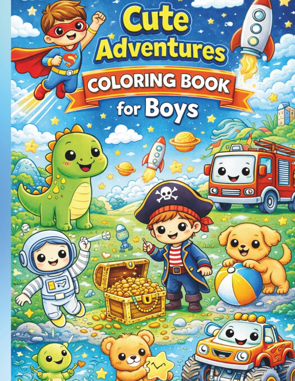 Cute Adventures Coloring Book for Boys: Fun and Simple Coloring Pages with Superheroes, Dinosaurs, Vehicles, Pirates & Space Adventures For Kids Ages 3–6