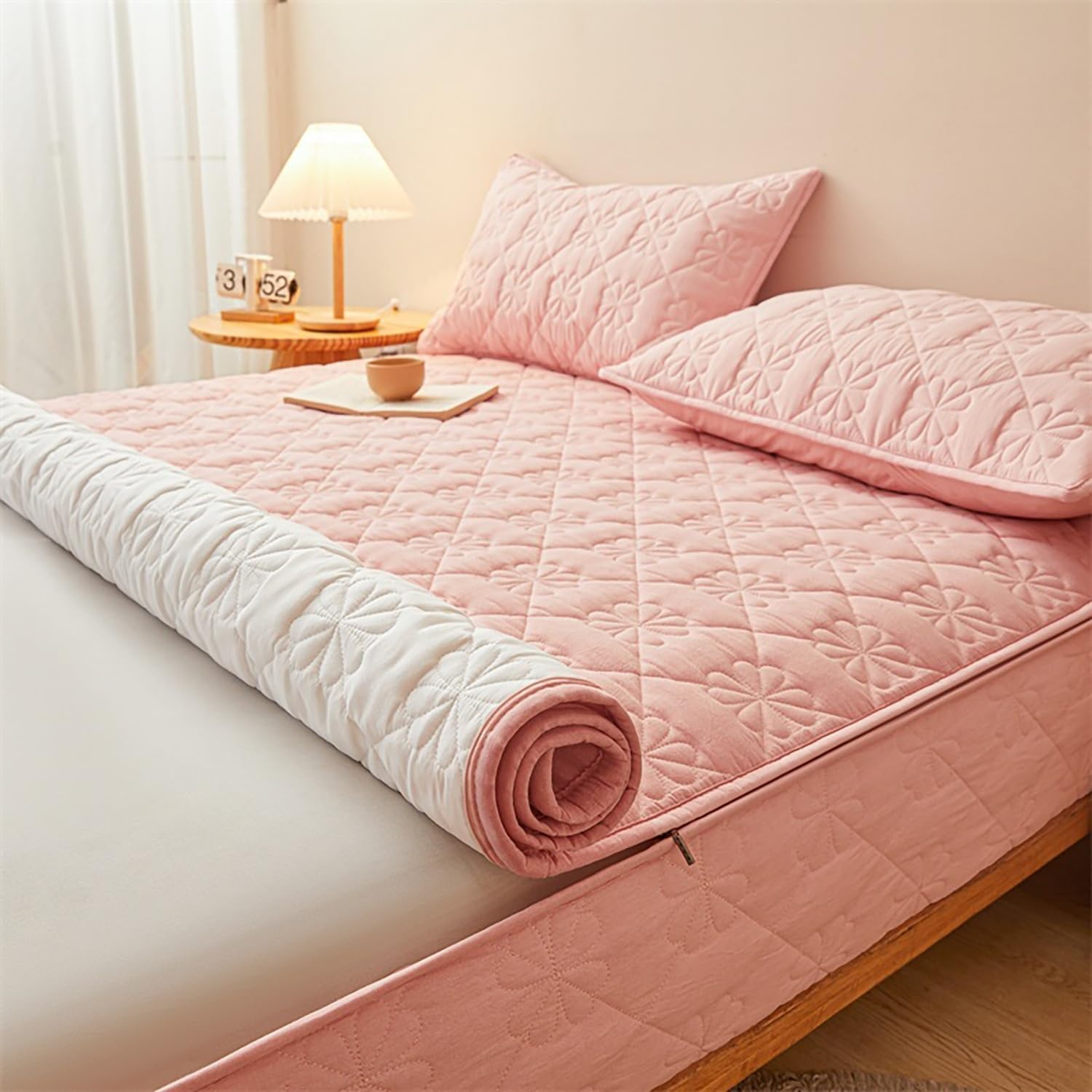 Coprimaterasso con Cerniera - Fodera Materasso Trapuntato, Imbottito, 80x190/90x190/120x190/140x200/160x190 cm, Personalizzabile, Protettivo e Respirante(Rosa,120x190+15cm)