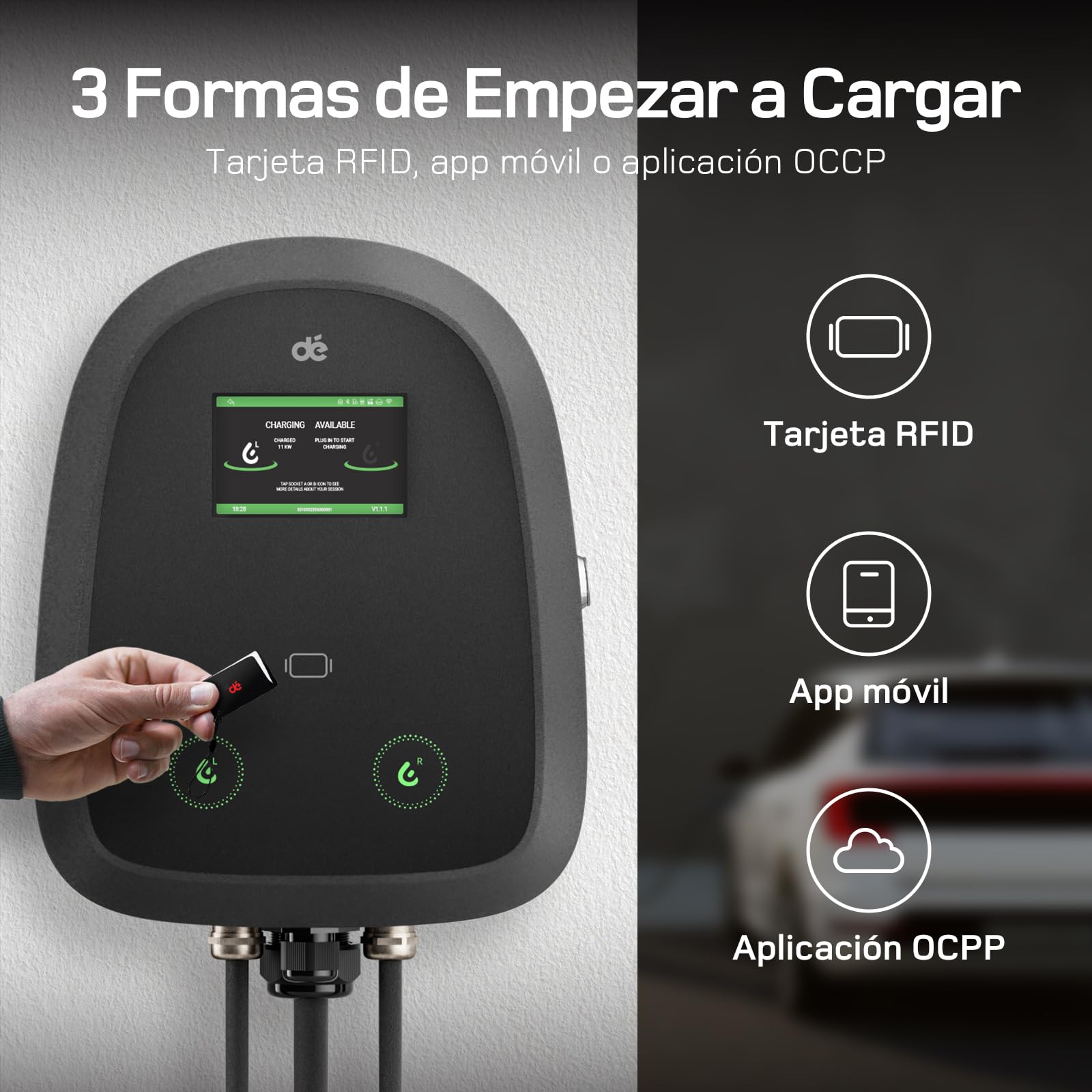 dé Wallbox Doble 2×11kW [7m+10m, 2×16A, Trifásico] Estacion de Carga Coche Electrico 11kW con Cable Doble Tipo 2, Wallbox Trifásico con App y RFID Simultánea para 2 Vehículos, para BEV/PHEV