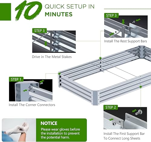 Miniatura 3 de PETNOZ - Kit de cama de jardín elevada galvanizada de 8 x 4 x 1 pies, cajas de jardín elevadas de fácil instalación rápida al aire libre con estaca