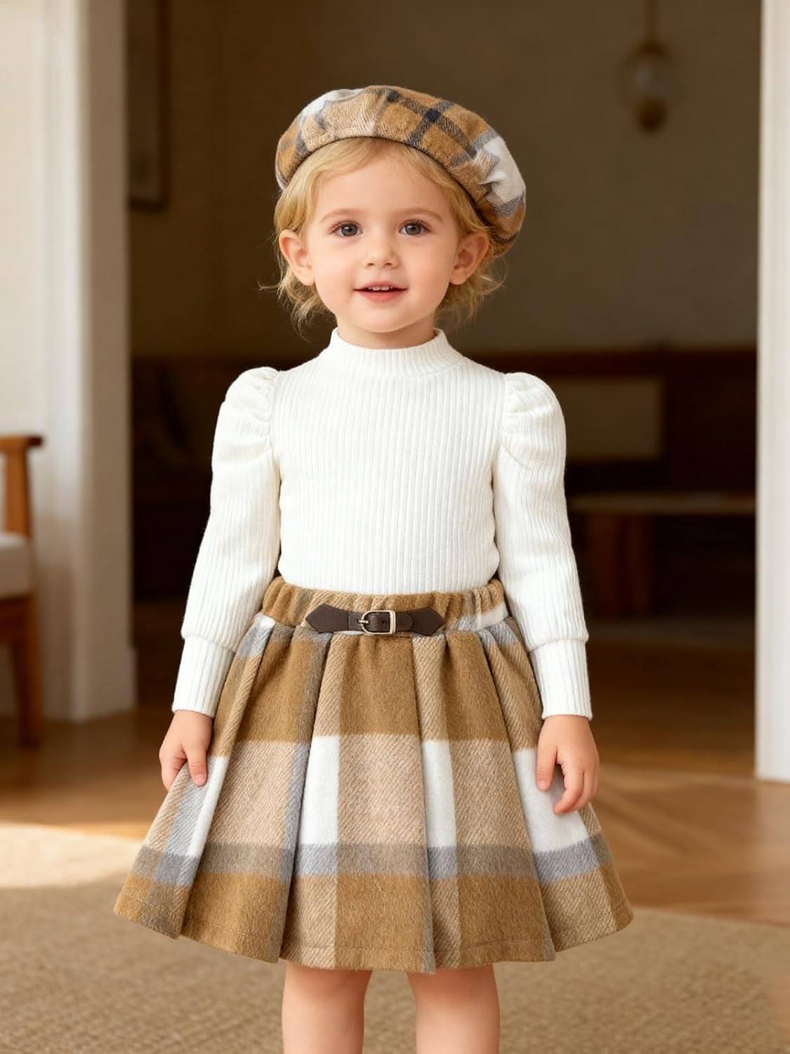 Patgoal Toddler Girl Outfits Puff Sleeve Ribbed Shirt Knitted Tops Pleated Plaid Skirt Set with Hat 3Pcs Fall Winter Clothes - Image 2